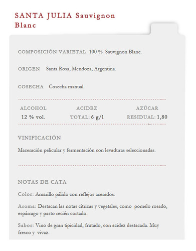 Vino Santa Julia Sauvignon Blanc 750ml - Pack X6 Botellas
