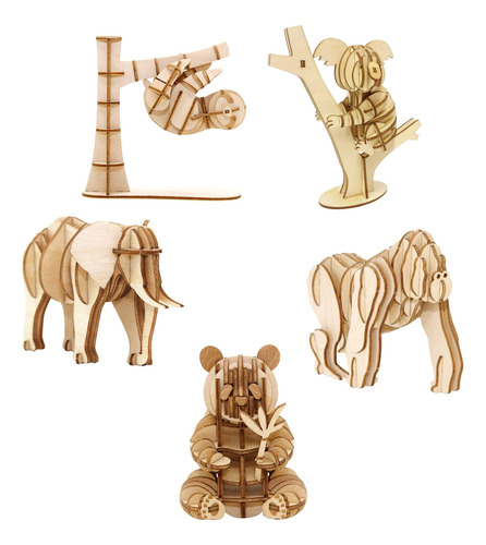 Figura Rompecabeza Madera 3d 5 Unidad Elefante Panda