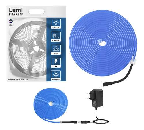 Mangueira De Fita Led Neon Lumi 5m Flexível 12v A Prova D'água Azul Escuro Com Fonte Alimentaçao