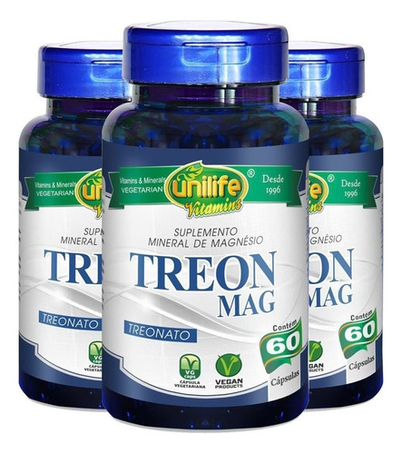 Kit 3 Treon Mag Magnésio Treonato Contem 60 Cápsulas Unilife Sabor Sem sabor