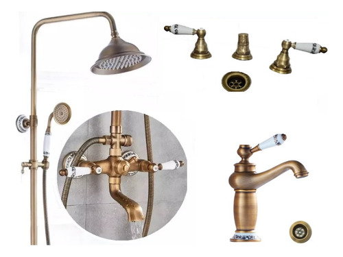 Set Griferias Bronce Antiguo Bacha Monocomando+ Ducha +bidet