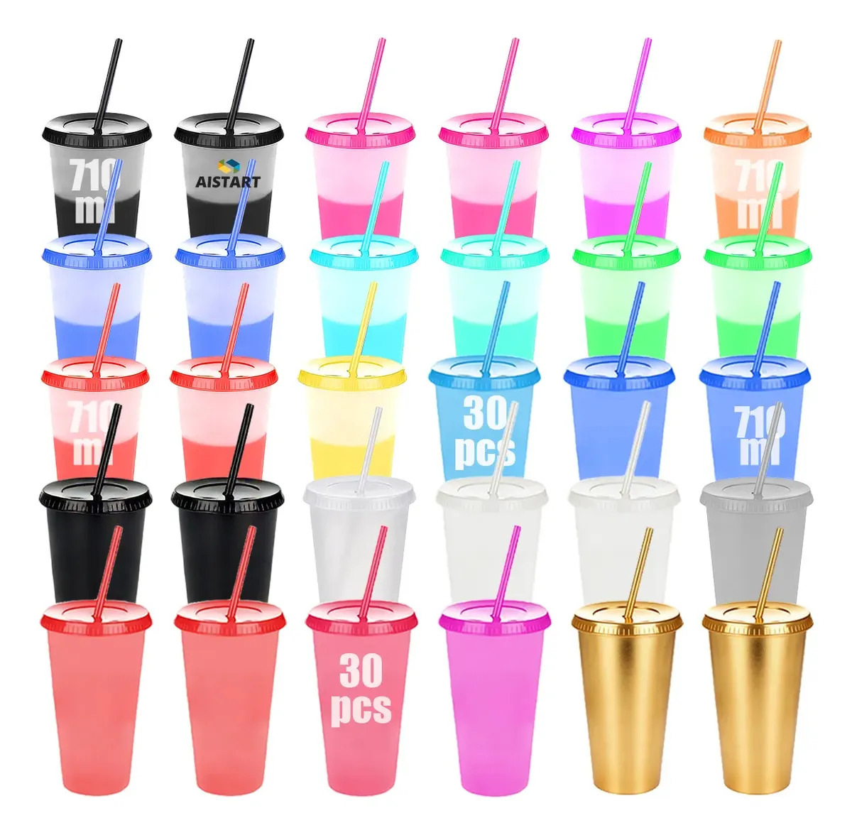 30pzs Vasos Magicos Cambian De Color Con Tapa Y Popote AISTART 710ml Multi Plástico Reutilizables