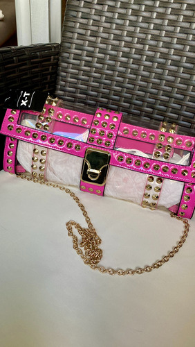 Cartera Xt Pvc Cristal Fucsia  C/tachas Doradas - Sin Uso