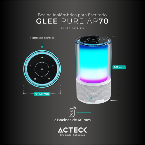 Bocina Portátil de ambientación |Glee Pure AP70 | Bluetooth 5.2 + 40W + Alimentación Tipo-C- Iluminación de Efectos Batería Recargable Li-Ion de 8hrs Elite Series Blanco