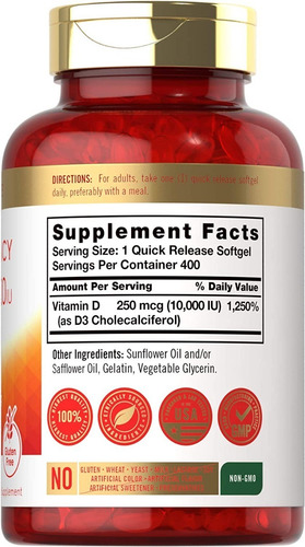 Imagen 1 de 2 de Vitamina D3 Softgels Natural 10,000iu 400 Tabletas Eg D9