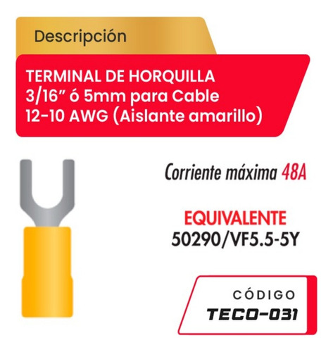 Terminal De Horquilla 3/16  Para Cable 12-10awg Teco-031 Ama