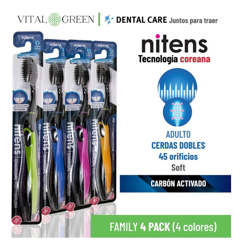 Vital Green Cepillo De Dientes Carbón Activado, Negro 4 Pack
