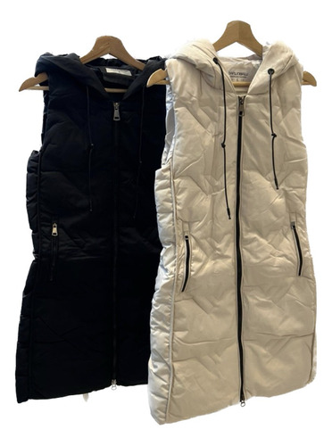 Chaleco Puffer Largo Negro Beige Mujer Importado