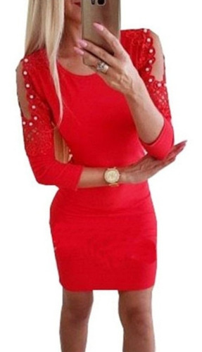 Hermoso Vestido Rojo Con Encaje / Elasticado Talla M 