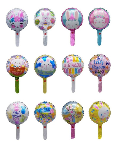 Pack 25 Globos Metálicos Pascua Conejos 25cm Con Varillas