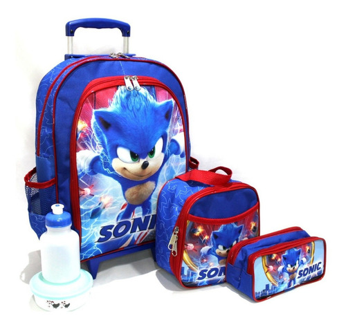 Kit Mochila Infantil Escolar Sonic Game Grande Rodinhas S1 Cor Azul Desenho Do Tecido Sonic Game