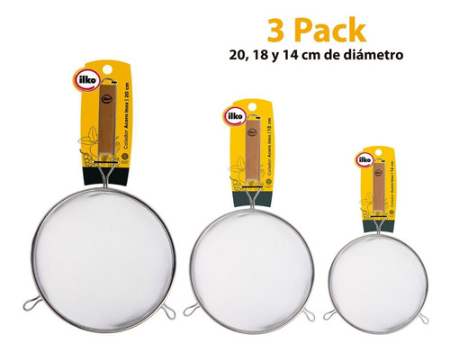 3 Coladores Ilko Acero Inoxidable 14, 18 Y 20 Cm Clásico