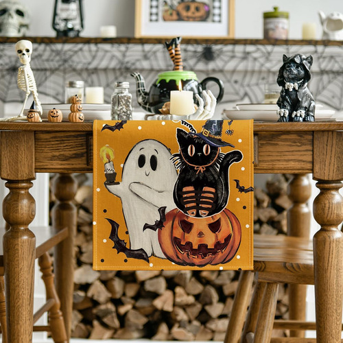 Camino De Mesa Diseño Halloween 33cm X 2.7m Color Naranja Naranja, Blanco, Negro, Amarillo Halloween, Calabaza, Fantasma Y Gato Negro