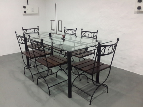 Imagen 2 de 4 de Mesa 160x80 + 6 Sillas Hierro Romano Madera + Vidrio 10mm