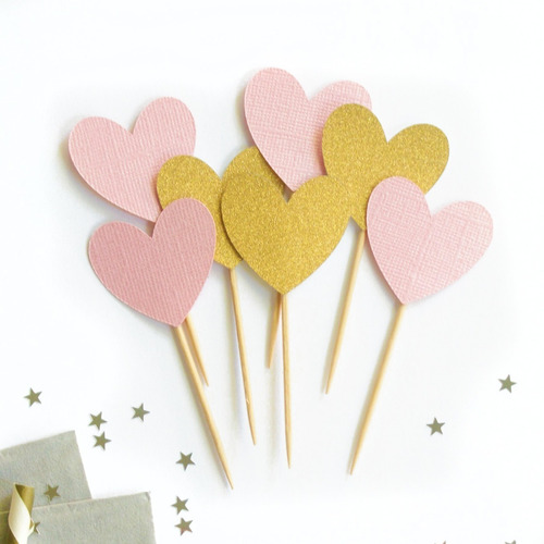 Topper Cupcake Corazones Doradas Con Palillo De Madera 