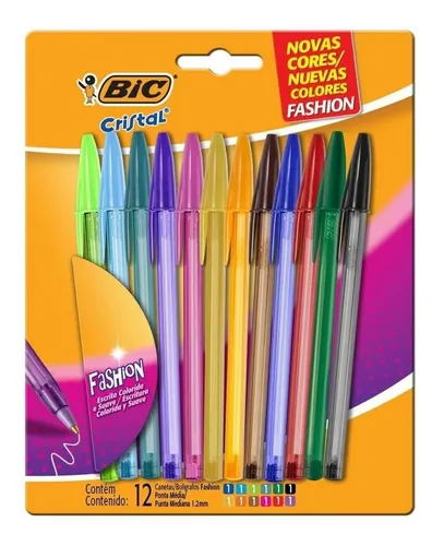 comprar Caneta Esferográfica Bic Cristal Fashion 12 Cores Tinta Colorida Exterior Transparente