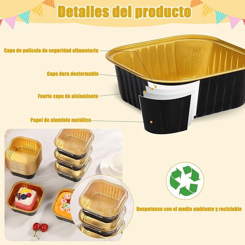 BANNA 50 Molde Para Tarta De Aluminio Desechable Con Tapa+cuchara,5 oz Mini Moldes para Tartas, Moldes Cuadrados de Foil para Tartas de Bodas, Fiestas y Cumpleaños, 9*9*3.5cm,Negro