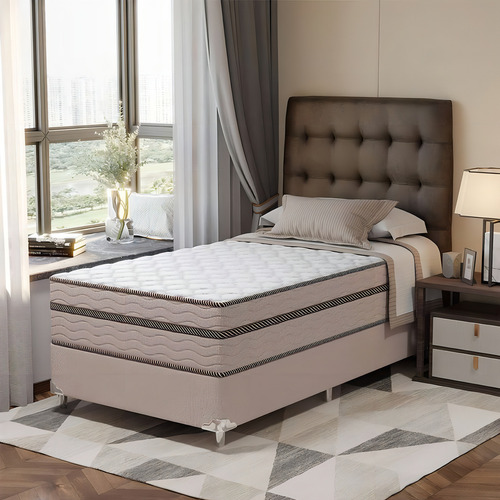 Cama Box Solteiro King Com Colchão Sonhare Mola Ensacada ... Cor Bege