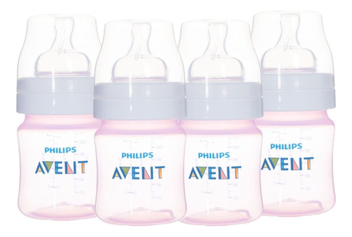 Set De Regalo 4 Biberones 4oz Philips Avent 0m+ Rosa Claro Anti Colic