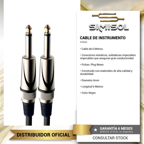 Imagen 3 de 5 de Cable Plug Profesional Guitarra Bajo Stagg 6m - Simisol