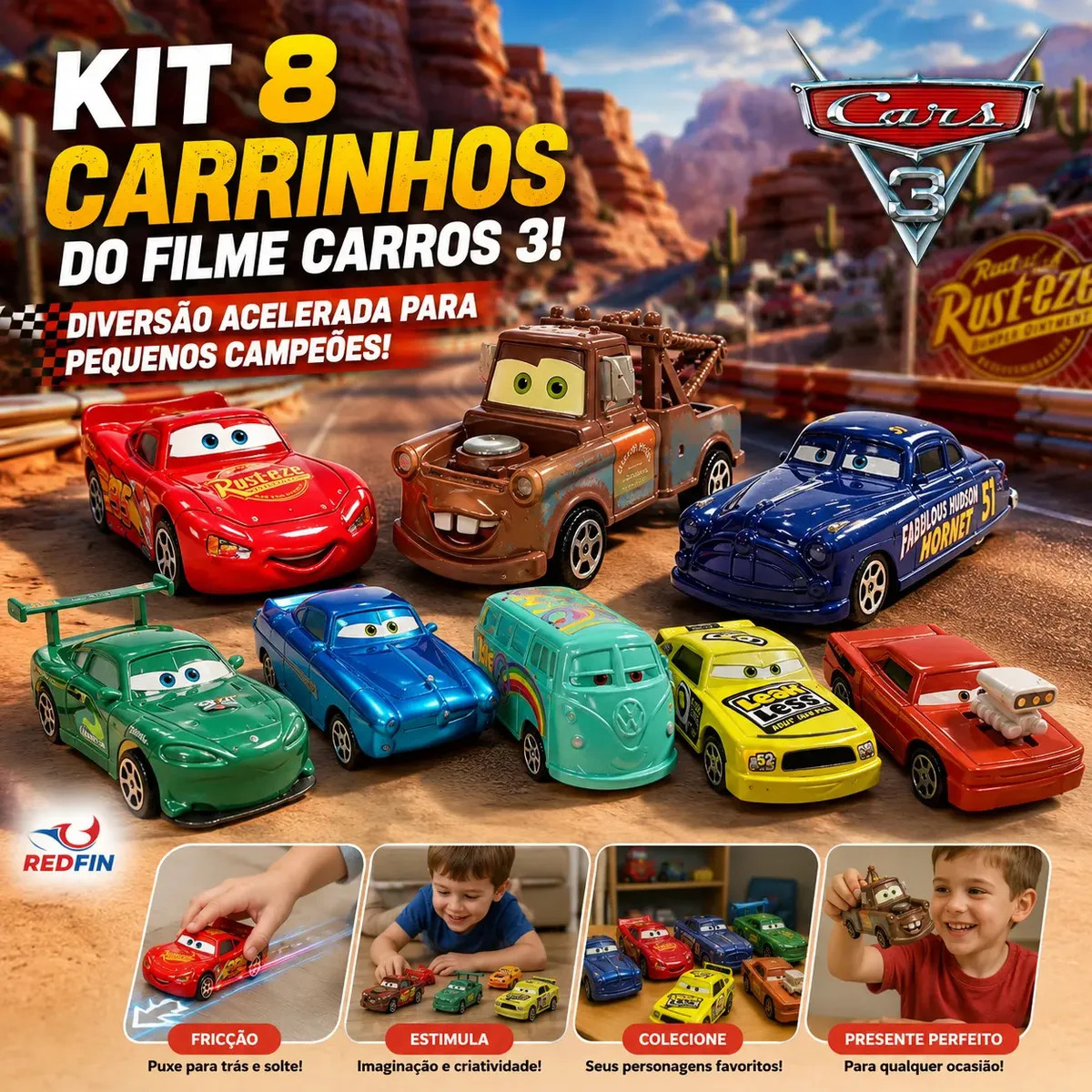 Kit 8 Carrinhos miniatura Fricção brinquedo Filme Carros 3 Redfin Relâmpago Mcqueen Cor Colorido Marca Redfin