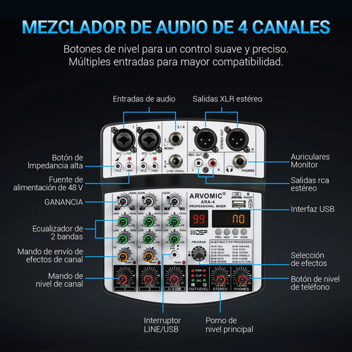 Mezcladora analógica Arvomic ARA-4/mixer amplificada de 4 Canales consola sonido 99 USB