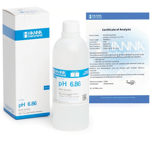 Hanna Instruments Solución De Ph 6.86, 500 Ml Hi 7006l/c