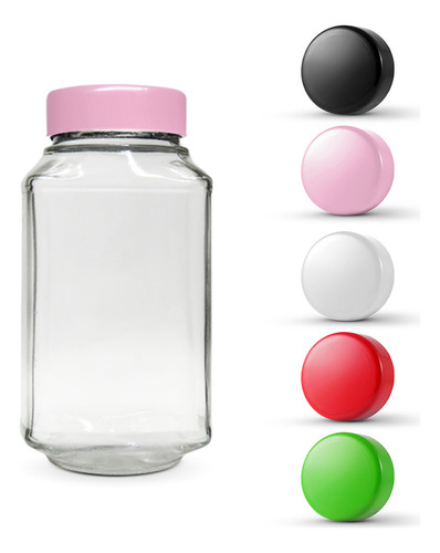 24 Potes De Vidro Quadrado 400ml Com Tampas Plásticas Cor Rosa
