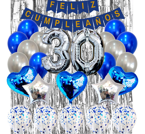 Combo Globos Kit Deco Fiesta Feliz Cumple 27 Artículos Azul Y Plata Deco Fiesta