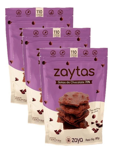 Kit 3x: Biscoito Zaytas Gotas Chocolate Sem Glúten Zaya 80g