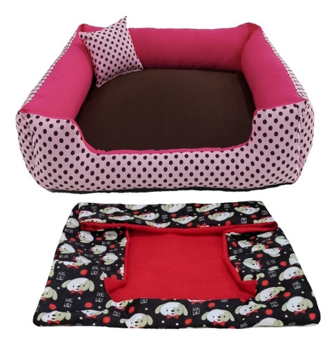 Cama Pet G Cachorro Grande Cama Com Capa Extra 70x70 Cor Cama Rosa Bolinhas + Capa Vermelha