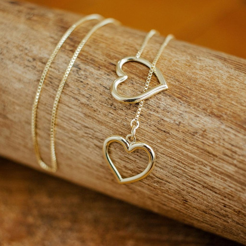 Colar Feminino Gravata Duplo Coração Ouro 18k Cor Dourado