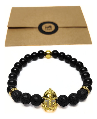 Pulsera De Hombre Con Piedra De Lava Negra+ Casco Espartano