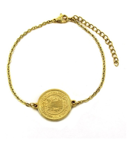 Pulsera Acero Inoxidable Dorado Dije Circular San Benito Eg