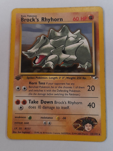 Carta Brock's Rhyhorn Pokemon 60 Hp Nitendo Antiga