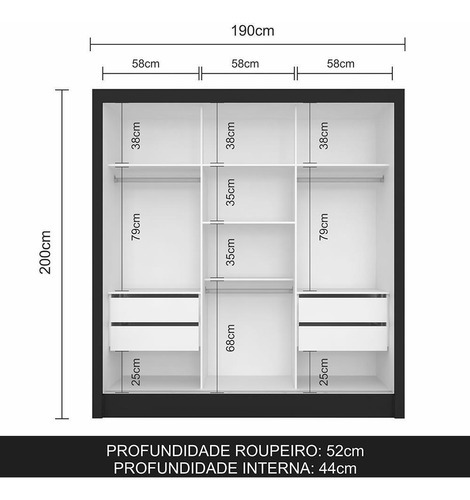 Guarda Roupa Casal Layla 3 Pts 03 Espelhos 4 Gav Preto Cor Preto-fosco