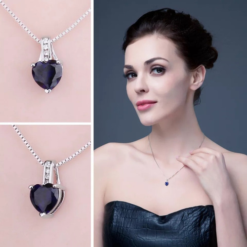 Imagen 2 de 6 de Collar Cadena Para Mujer Zafiro Azul Corazón Plata 925