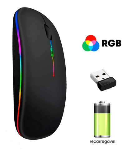 Mouse Sem Fio Recarregável Wireless Led Rgb Ergonômico Preto