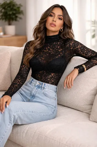 Body De Renda Feminino Transparente Manga Longa Floral Luxo