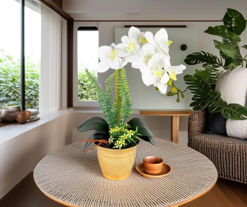 Arranjo Orquidea Artificial Vaso Dourado Flor Orquidea Rosa