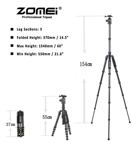 Zomei Z669 Magnesium Aluminio Aluming Camera Trípode Con De