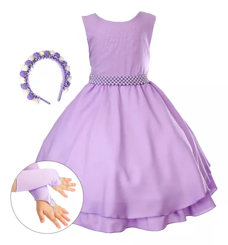 Fantasia Infantil Vestido Princesa Sofia Rapunzel Par Luvas e