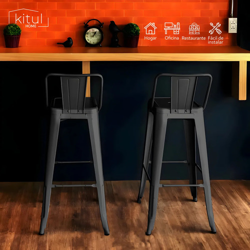 Set 2 Bancos Alto Respaldo Estructura Metálica Cocina Barra Color Negro
