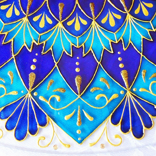 Mandala Azul E Dourada Em Vidro De 50cm E Espelho De 24cm