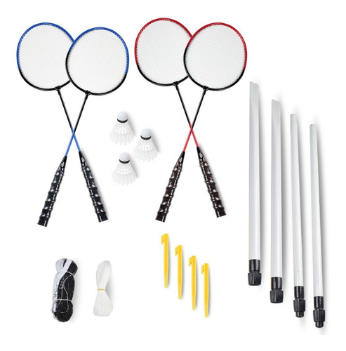 Kit Badminton Com 4 Raquetes, 3 Volantes, Rede E Suportes
