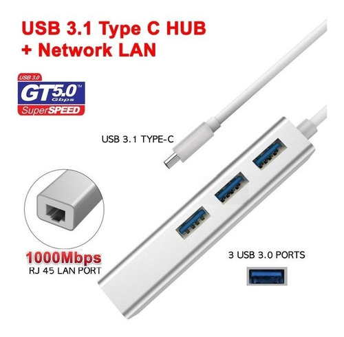 Imagen 2 de 5 de Adaptador Type C A Hub Usb 3.0 + Rj45 Adaptador Usb 3.1