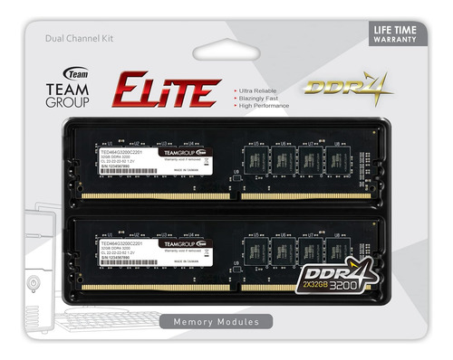 Kit De Memoria Ram Teamgroup Elite Ddr4 64 Gb, 2x32 Gb 3200