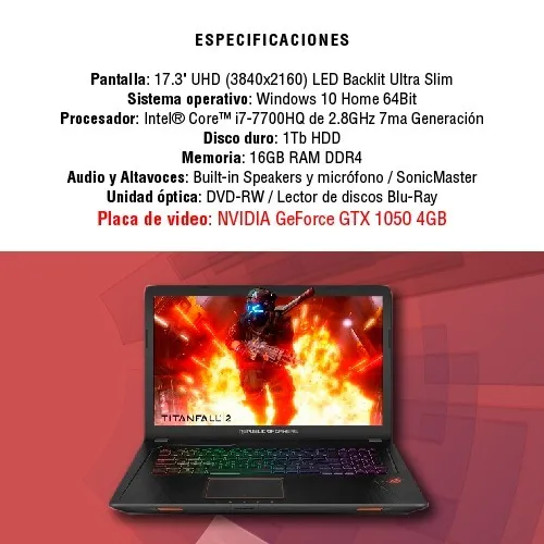 Notebook Asus Rog Atrix Gl753v I7 7700 17 Uhd Gtx 1050 Ddr5