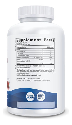 Nordic Naturals Vitamina D3 (1000 Iu) + K2 (45 Mcg) 120 Pzas