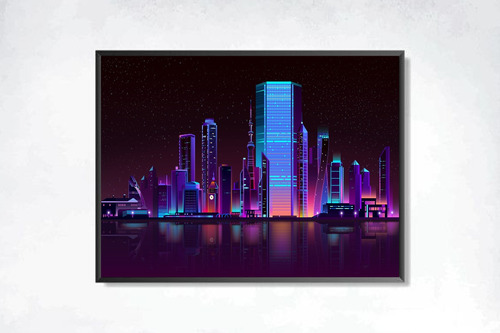 Arte Digital Ciudad Nocturna - Cuadro (30×40 - Marco Negro)